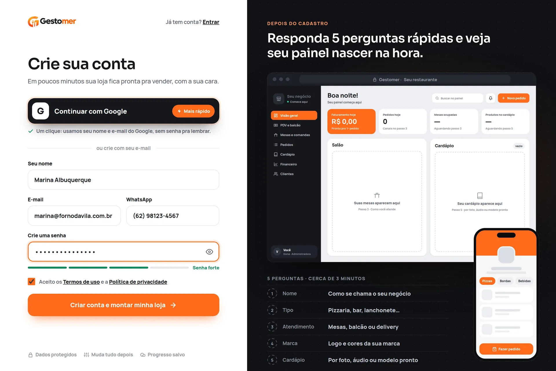 Tela de criar conta com o botão do Google