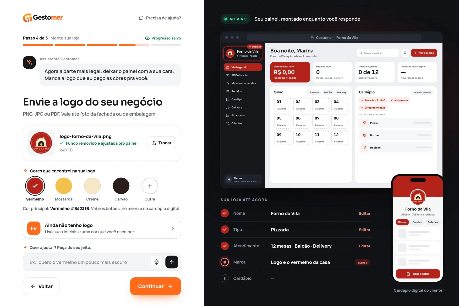 Cadastro com o painel se montando ao vivo