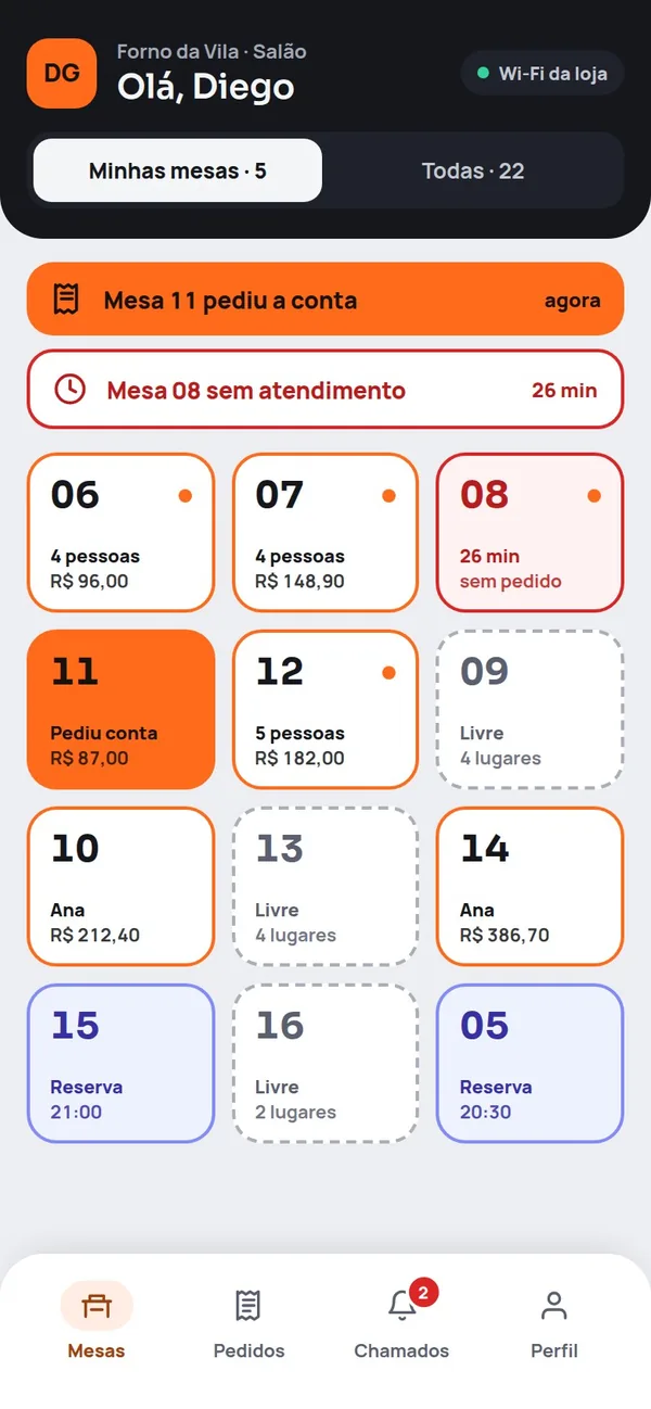 App do garçom com o mapa de mesas