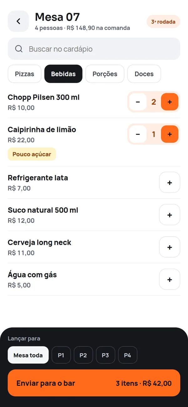 App do garçom: lançar pedido